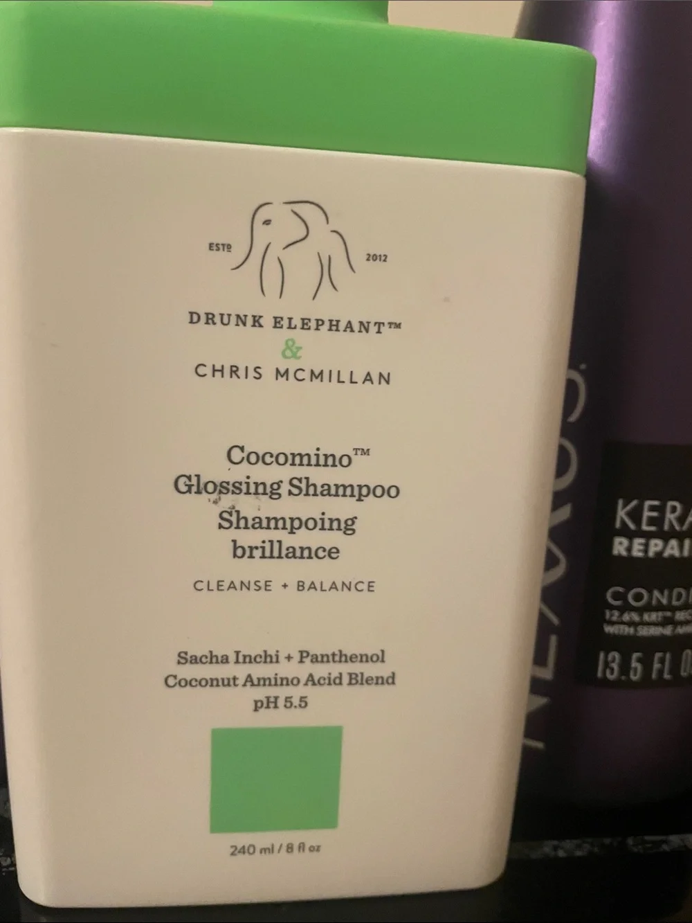 Drunk Elephant Cocomino Glossing Shampoo and Nexxus Keraphix repair